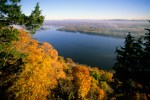 Fall scene of Mississippi River Valley in the mornig fog from scenic overlook in Great River Bluffs State Park near Winona.